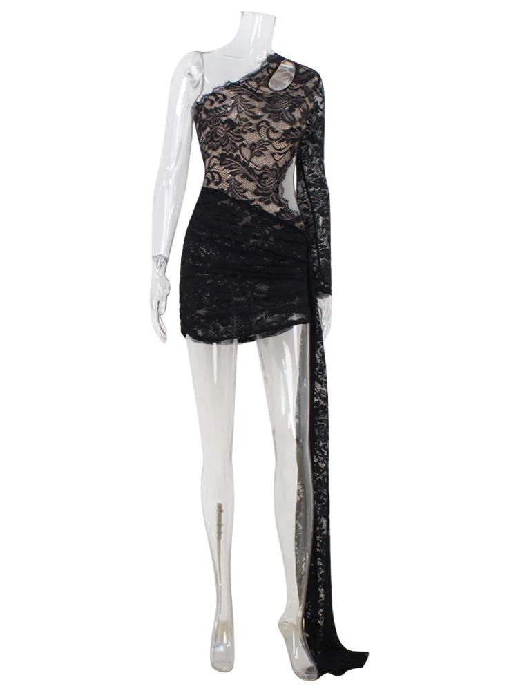 Elegant Lace One-Shoulder Mini Dress | Sheer Long Sleeve Streetwear