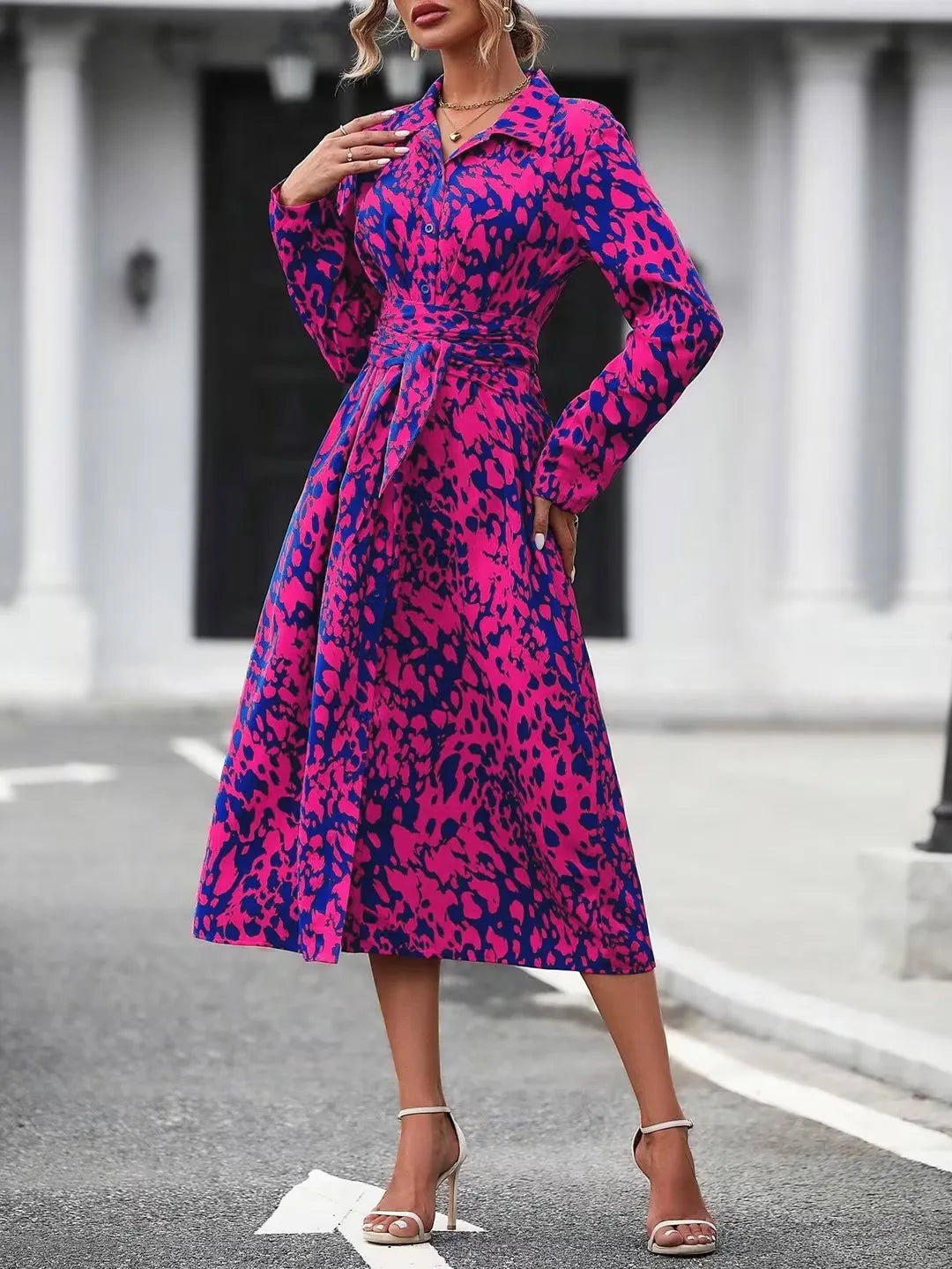 Elegant Print Belted Midi Dress