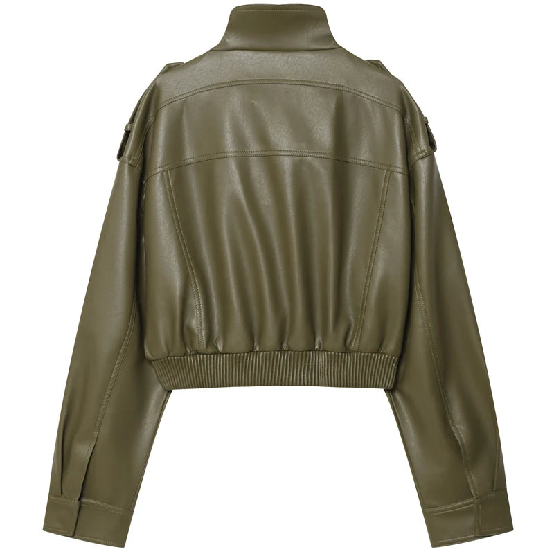Women's Jacket Faux Leather Jacket Green Women's Demi-Season Jacket Outerwears Women's Autumn New In Coat Windbreaker Streetwear
