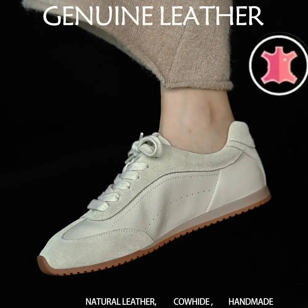 Women's Genuine Leather Retro Lace-Up Flat Sneakers