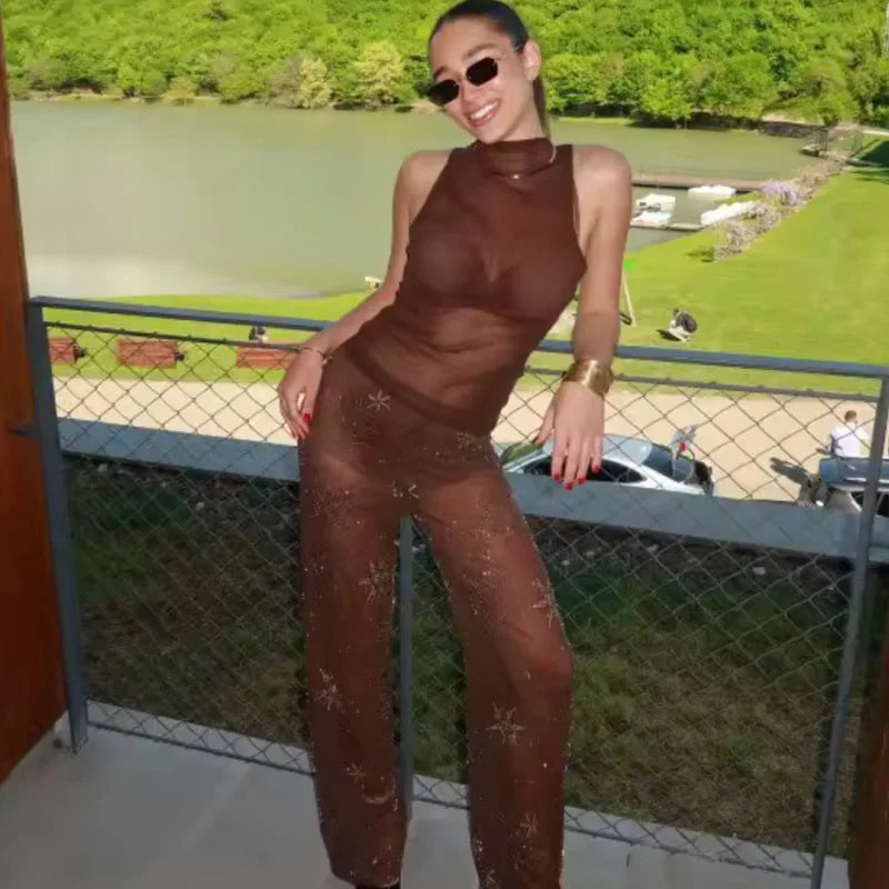 Beaded High-Waist Sequin Trousers