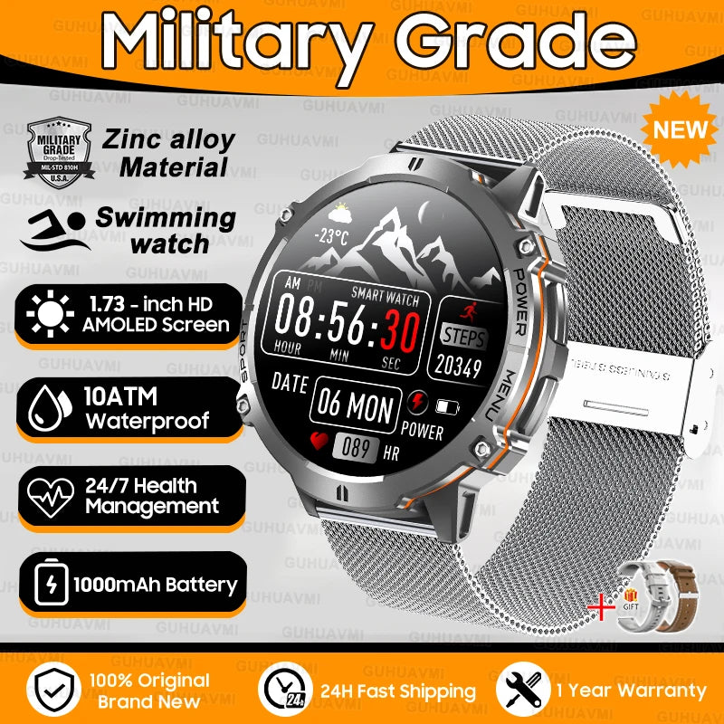 2025 New 1000mAh Battery Sports SmartWatch 1.73" AMOLED Screen 10ATM Waterproof Compass Altimeter Military T-Rex3 Smartwatch Men