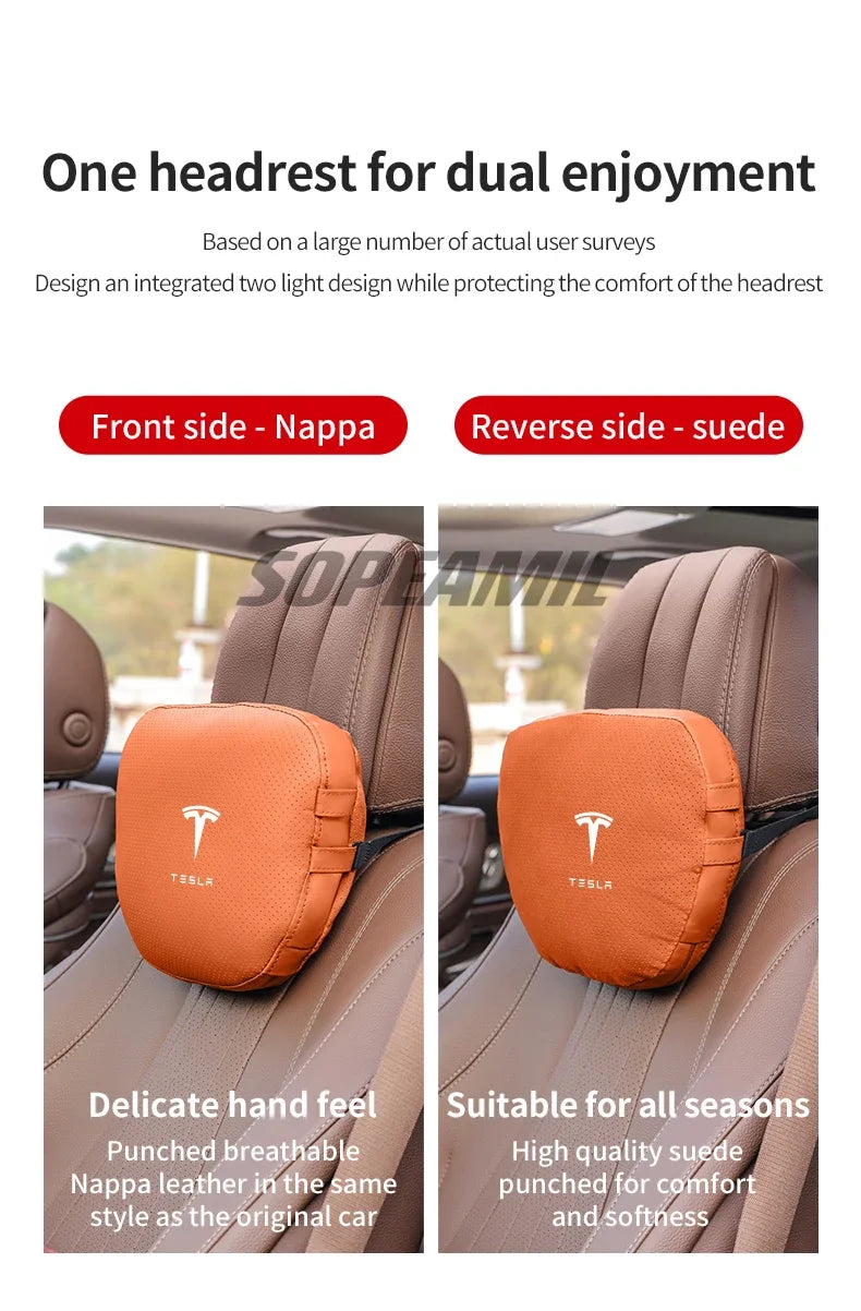 Car Double-Sided Suede Leather Headrest Neck Support Pillow Seat Waist Cushion Tesla Cybertruck Model 3 Model Y Model S Model X