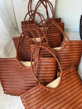 Leather woven bag, large-capacity women's tote bag, holiday leisure top layer cowhide shoulder bag, vegetable basket bag.