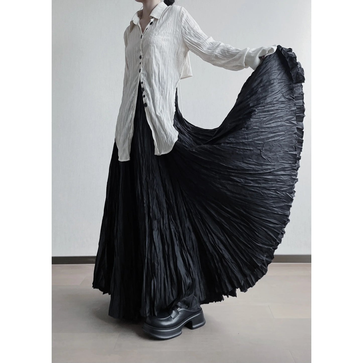 UMI MAO Irregular Fold Maxi Skirt – Elegant A-Line