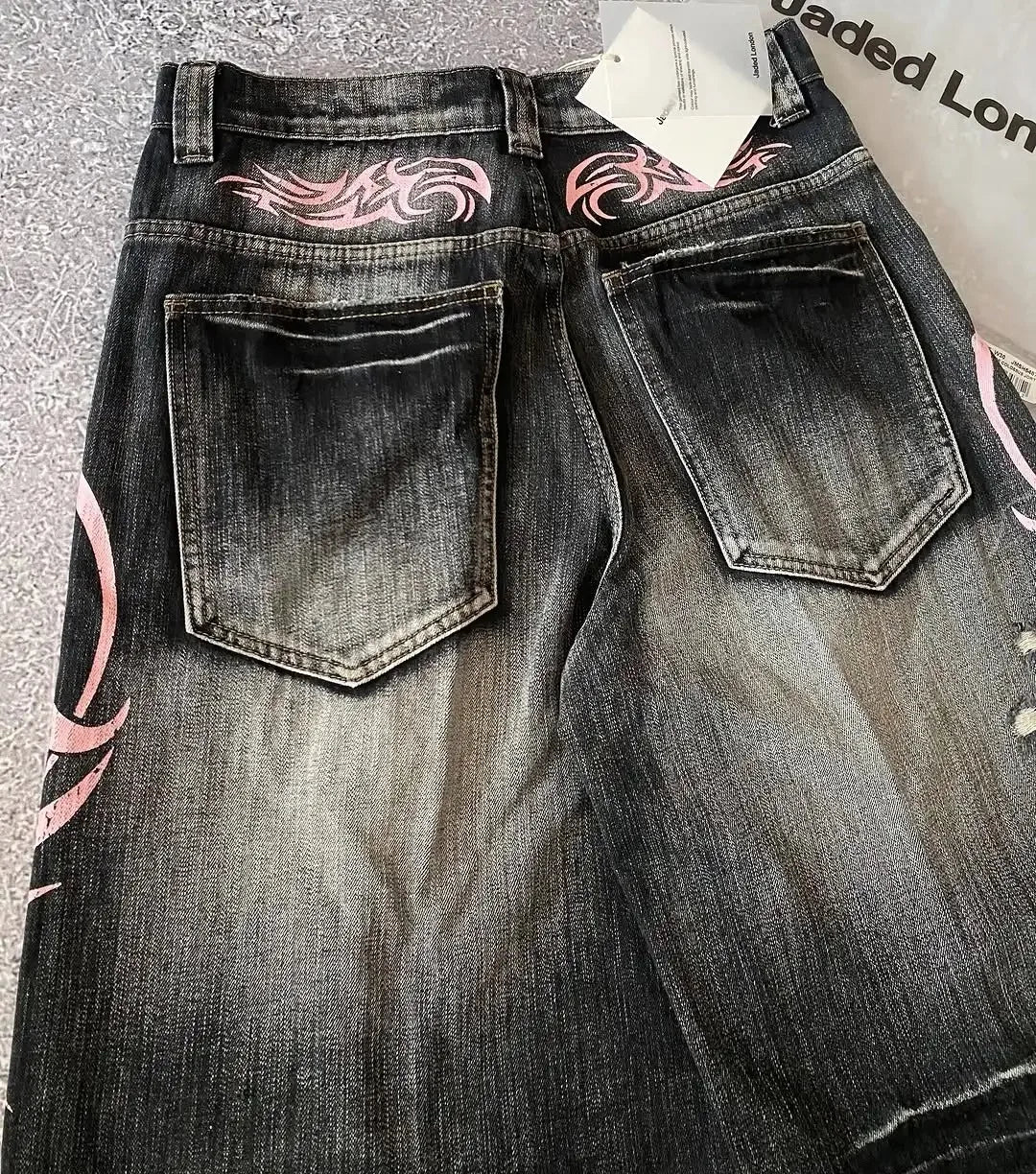 Y2K Dark Wash Wide Leg Jeans with Pink Flame Embroidery