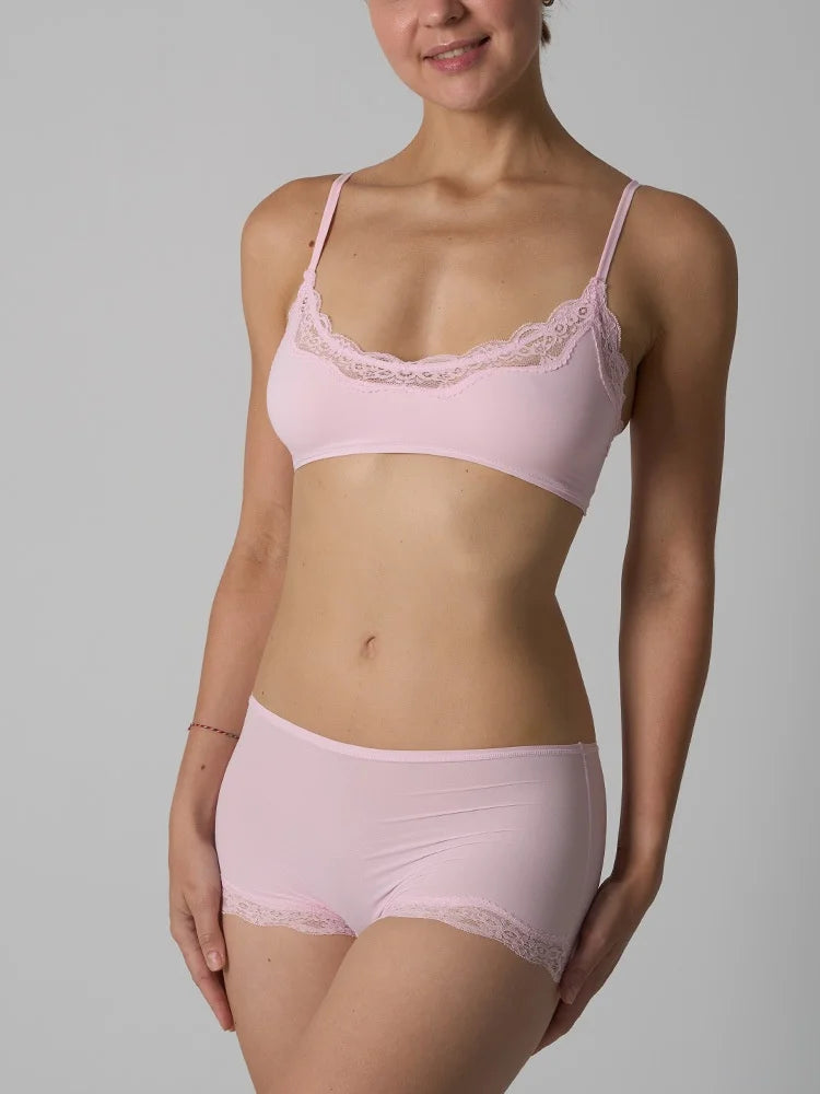 Europe American Simple Pink Light Thin Lace Strap Tank Top Flat Corner Lace Underwear for Women Comfortable Stretchy Short Sets