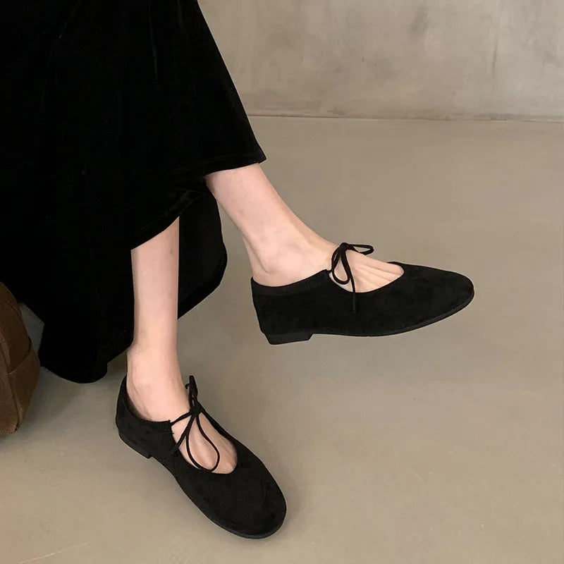 Round Toe Mary Jane Flats with Butterfly Knot