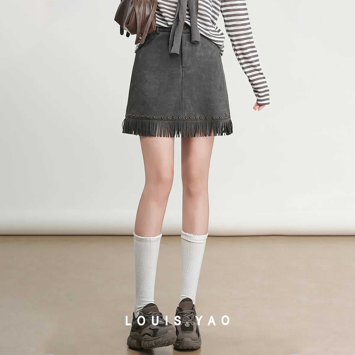LOUIS YAO Tassels Rivet A-line Half Skirt 2025 Autumn Short Skirts Fashionable and Gentle Casual  Women's Half Skirt