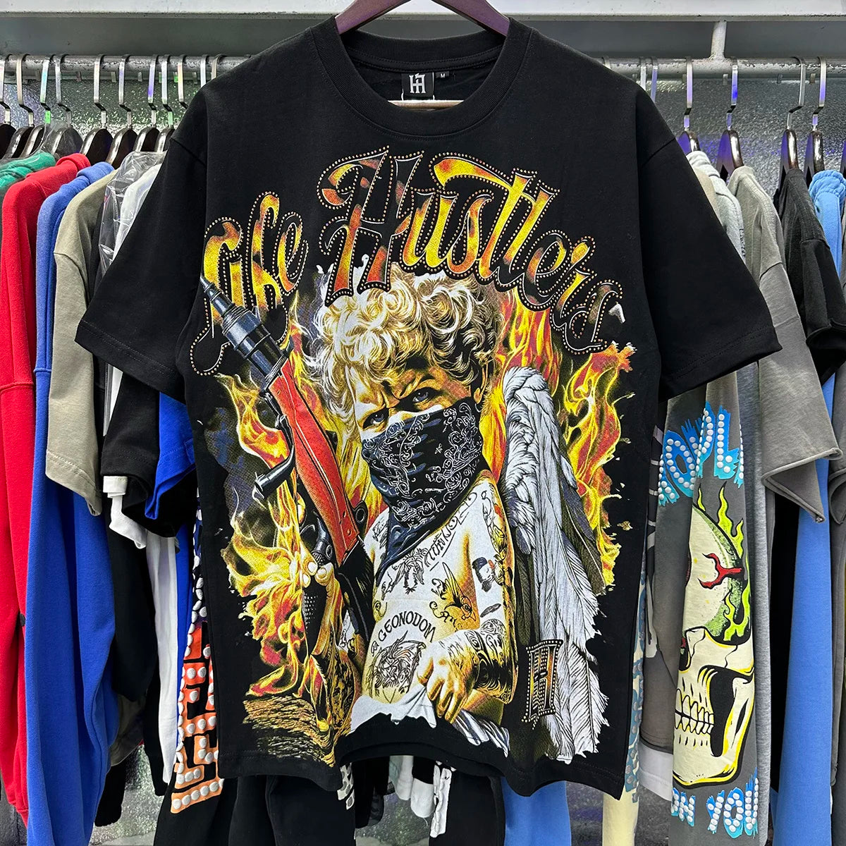 Oversized Rhinestone Cotton Crew Neck T-Shirt