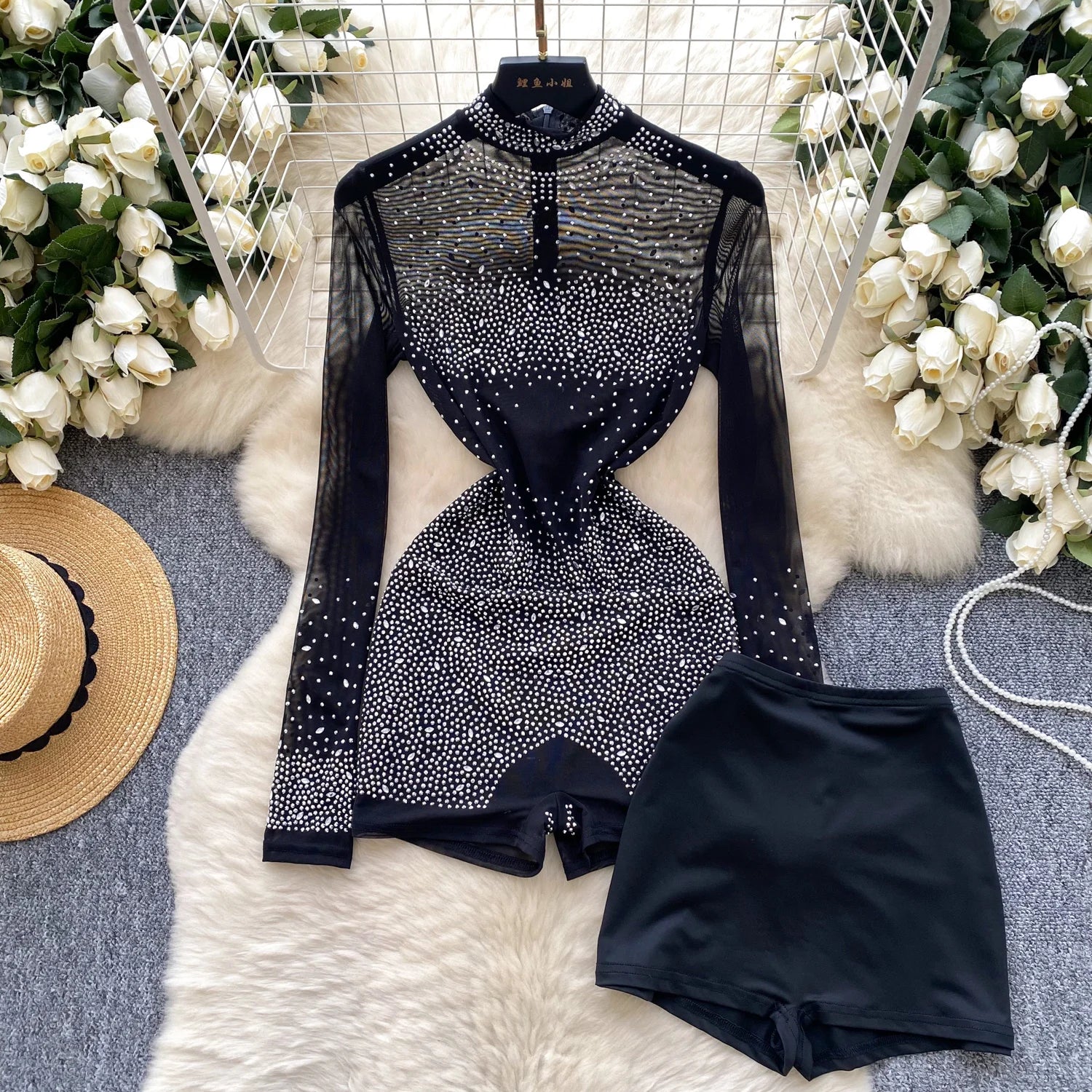 Sparkle & Shine: Women's Rhinestone Mesh Romper