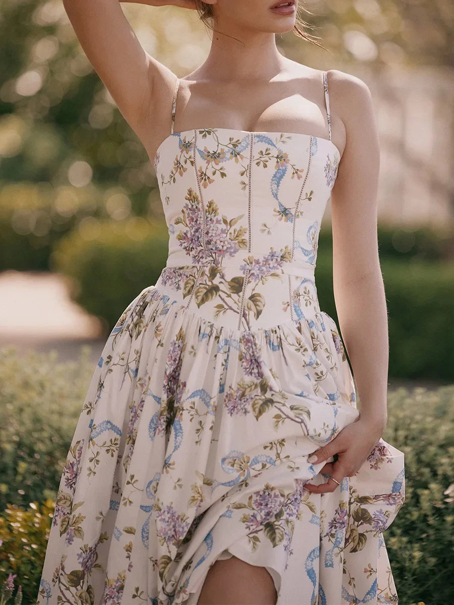 Floral Print Spaghetti Strap Midi Sundress - Elegant Boho Chic Summer Beach Dress