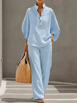 Fashion Cotton Linen  Pant Set  Women's Casual Stand Collar Button Top Wide Leg Trousers 2-piece Set Retro Female Office Suit