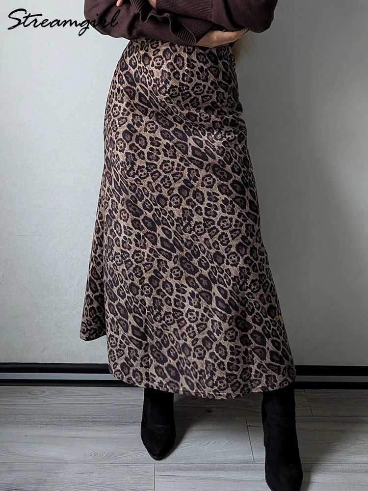 Leopard Print Suede Maxi Skirt – Women's Autumn Winter