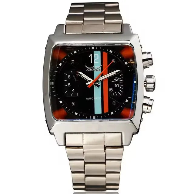 JARAGAR 569 Retro Square Dial Unique Men's Automatic Mechanical Watch Calendar Week Steel Strap Casual Men's Clock Reloj Hombre