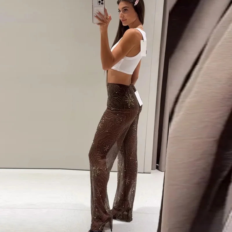 Beaded High-Waist Sequin Trousers