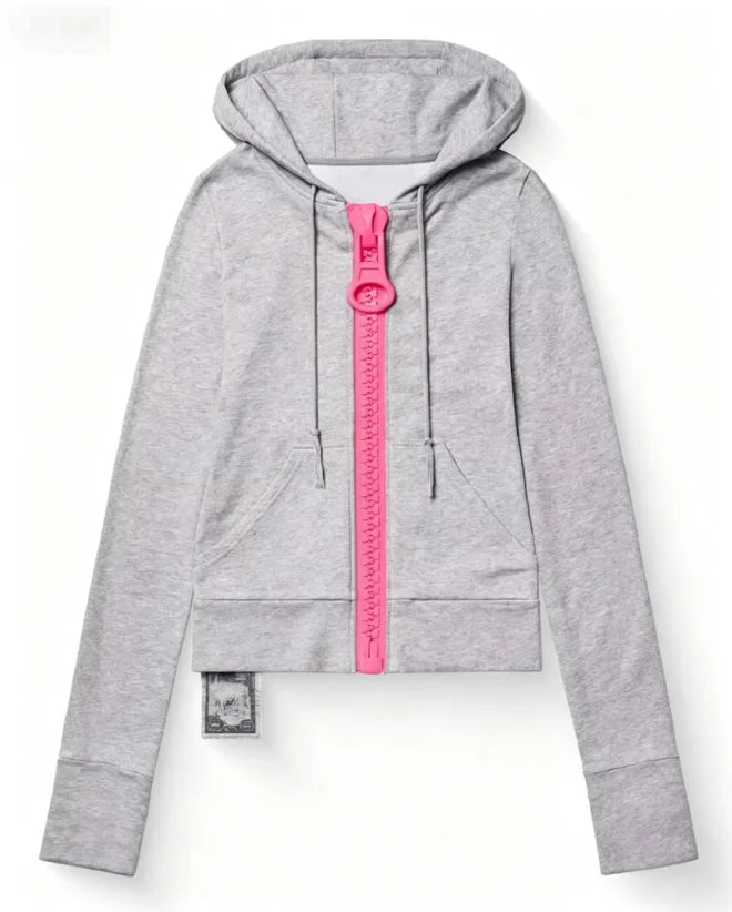 New Y2K American-style women's solid color large zipper loose cropped color-block hoodie fashionable street Harajuku style