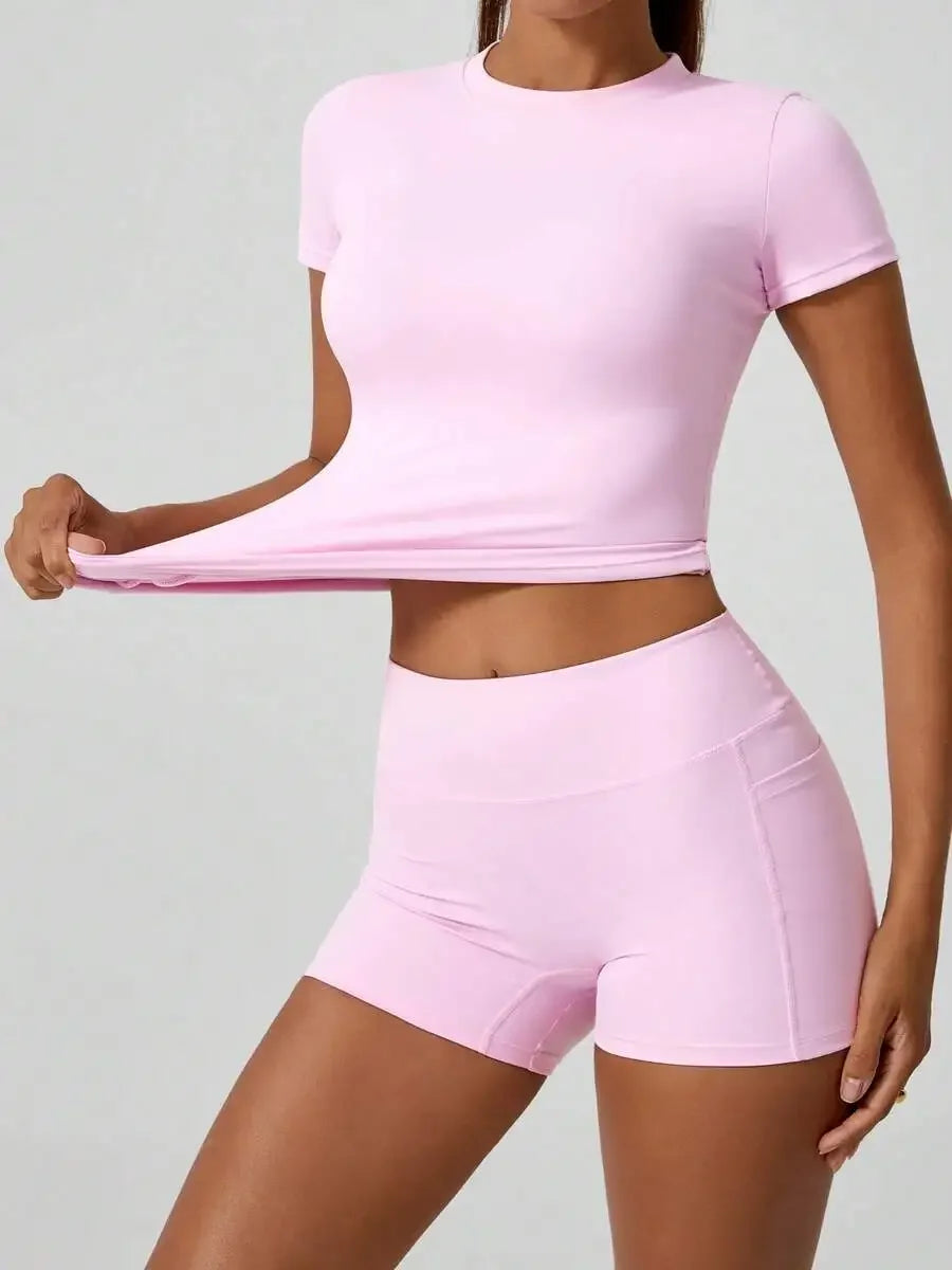 Women's Sculpting Sports Short Sleeve & High-Waist Shorts Set