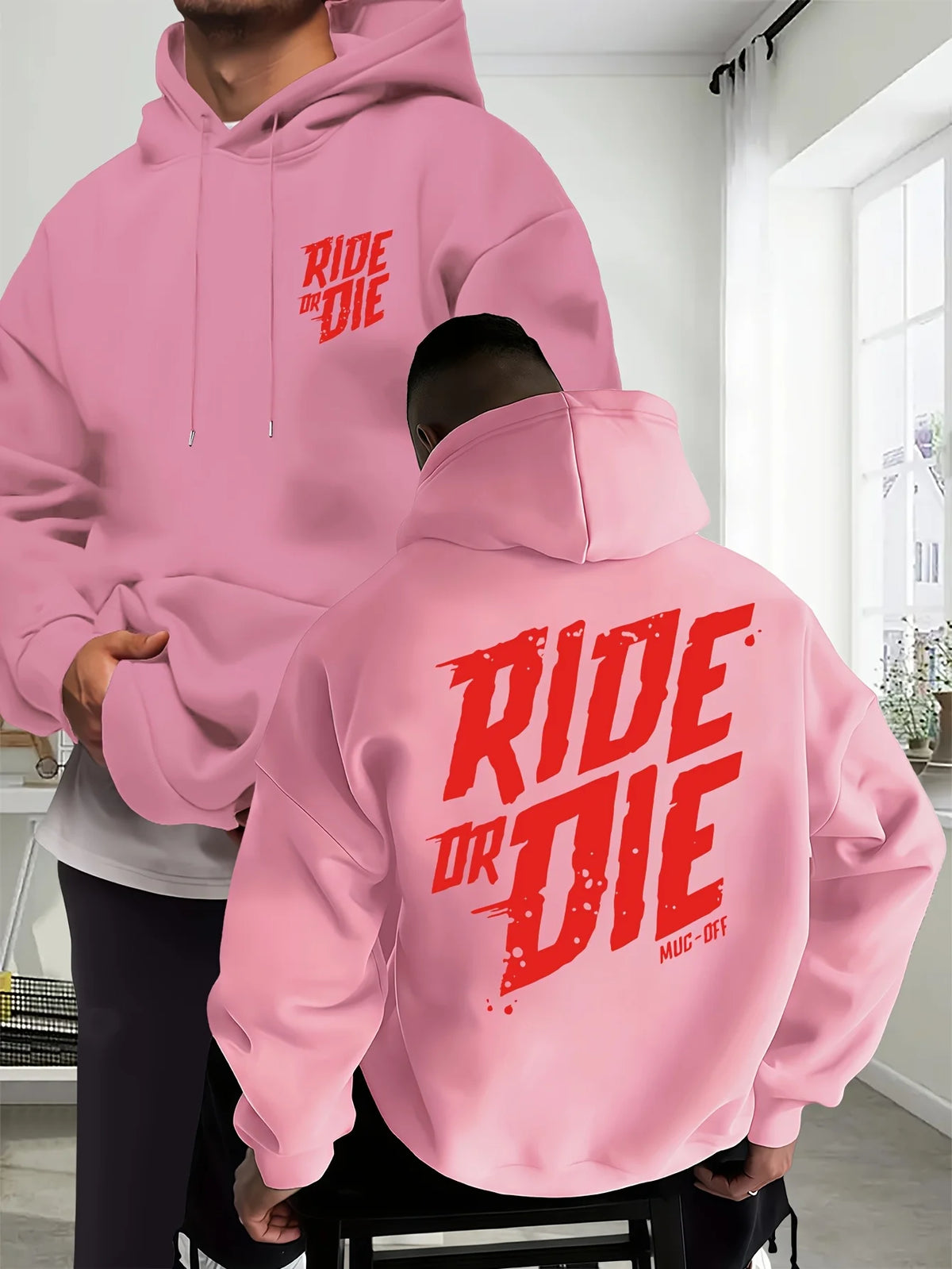 Men's Biker Hoodie Ride Or Die Letter Graphic Back Print Oversized Sweatshirt Motorcycle Streetwear Autumn Winter