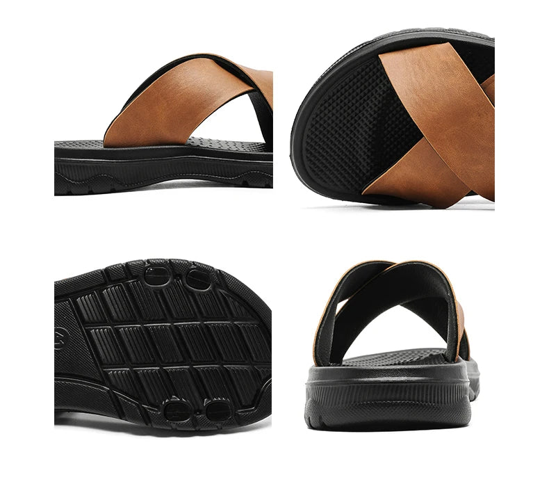Mens Leather Slippers Comfortable Breathable Summer Big Size Sandals for Men with Soft Sole