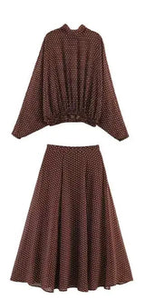 ETJ Women's Polka Dot Blouse Skirt Set 2026 Spring High Neck Batwing Sleeve Sheer Front Tie Bow Midi A-Line Dress Set