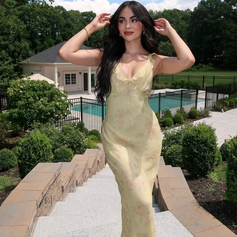Women's Floral Print Backless Maxi Dress
