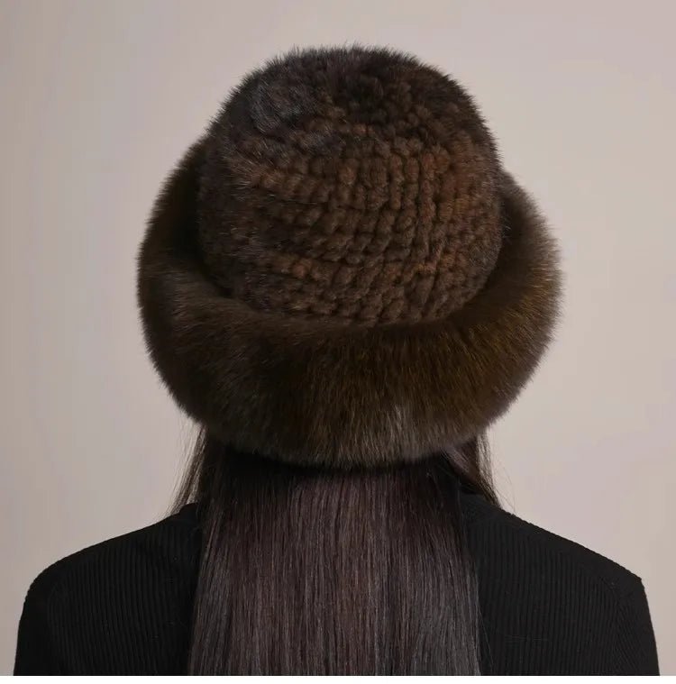 Genuine Knitted Mink Fur Hat with Fox Fur Brim