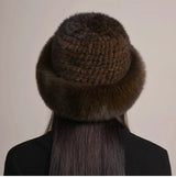 Genuine Knitted Mink Fur Hat with Fox Fur Brim