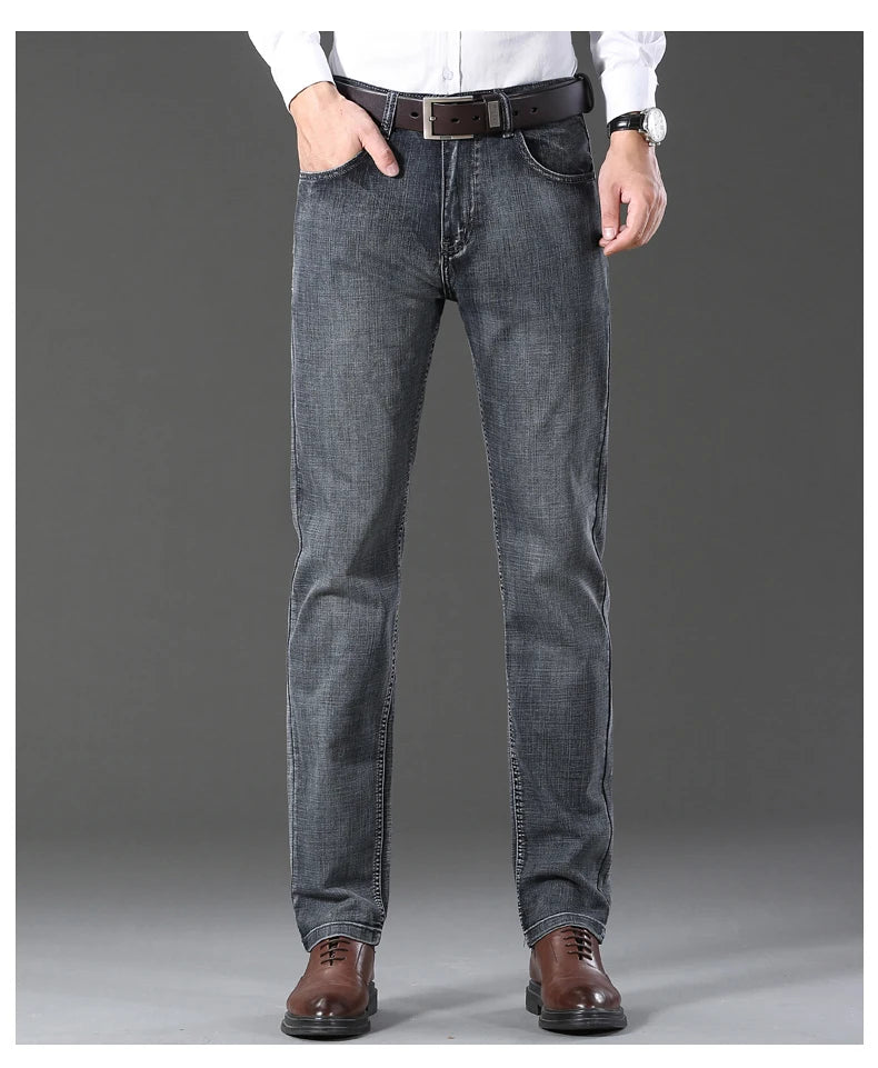 OUSSYU Brand Classic Retro Blue Men's Jeans Denim Pants Work Streetwear Straight Stretch Business Autumn Winter Cotton Trousers