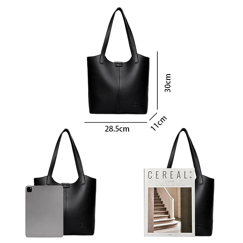 Genuine Brand Soft Leather Shoulder Bag For Women Casual Tote Bag Female Solid Color Purse Simple Design Handbag Commuting Sac