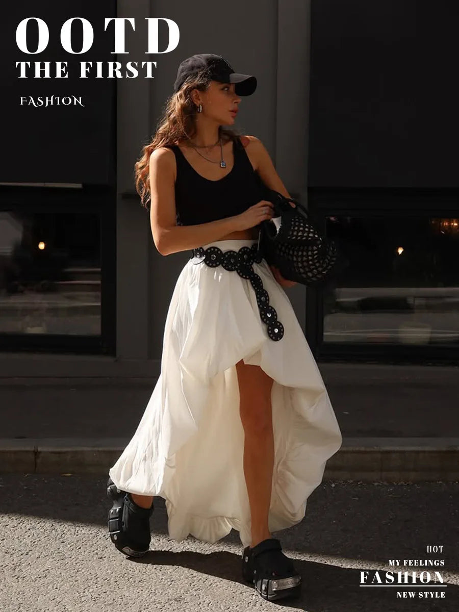 Women's Cotton Ruched Midi Skirt – Elegant A-Line