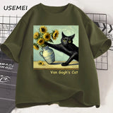 Van Gogh's Cat Art Print T Shirt Funny Graphci T Shirts Cotton Trendy Summer Loose Short Sleeved T-shirt Men Women Harajuku Top