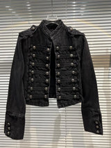 Punk Style Black Stand Up Collar Denim Jacket - Vintage Washed Motor Coat