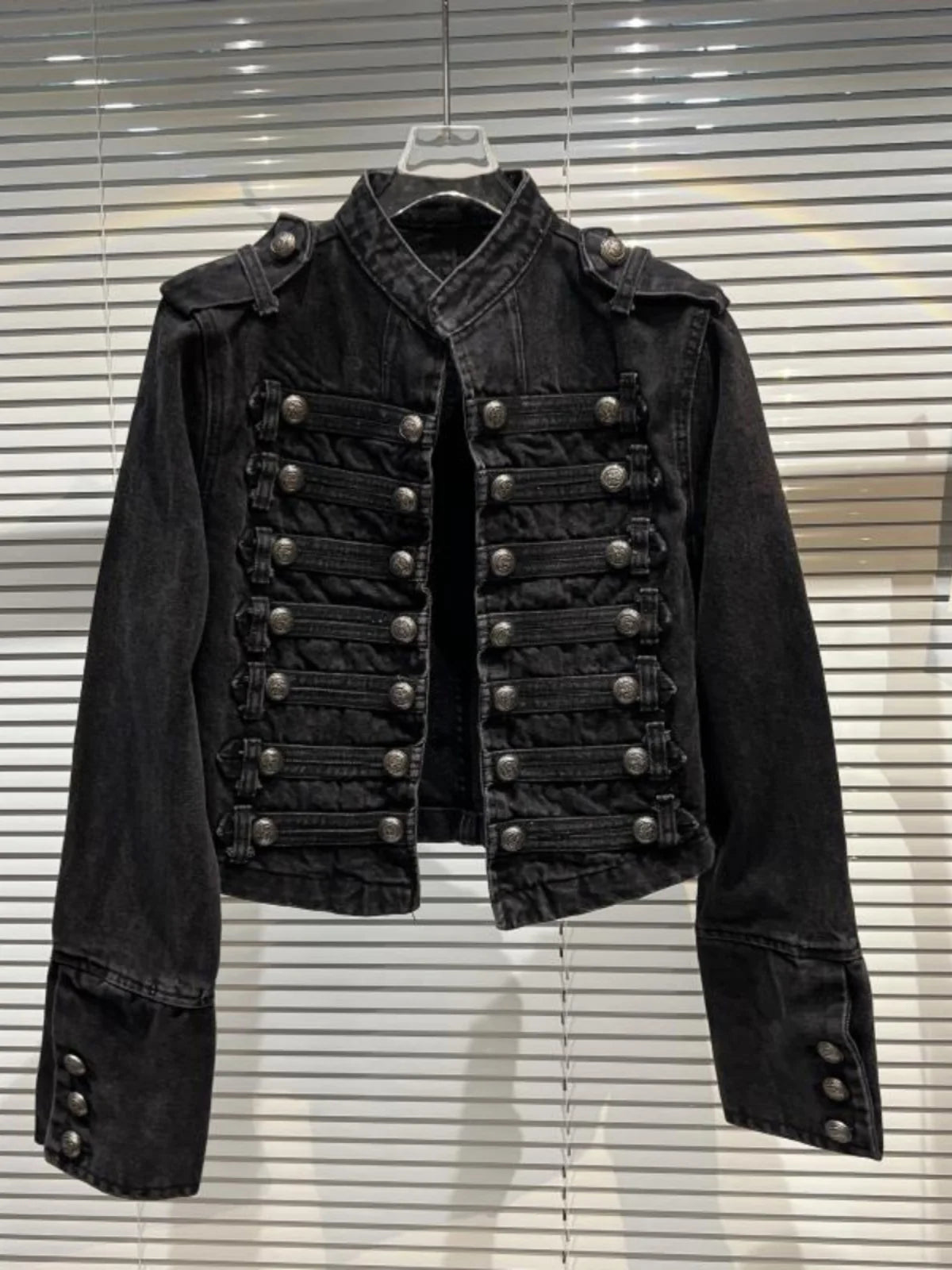 Punk Style Black Stand Up Collar Denim Jacket - Vintage Washed Motor Coat