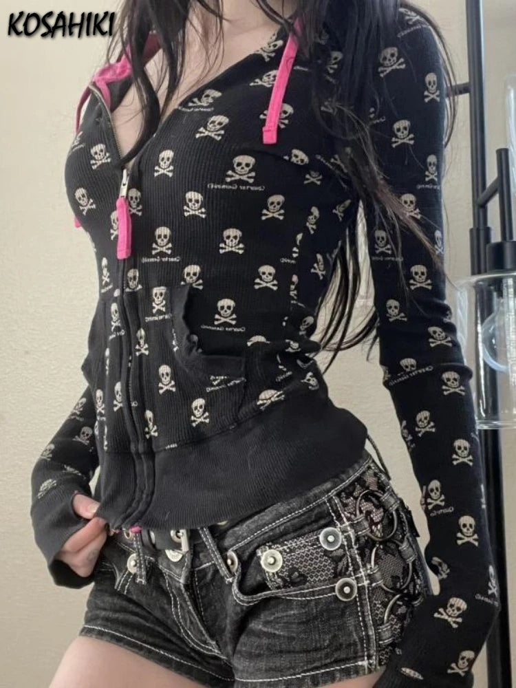 Women's Vintage Skull Print Zip-Up Hoodie