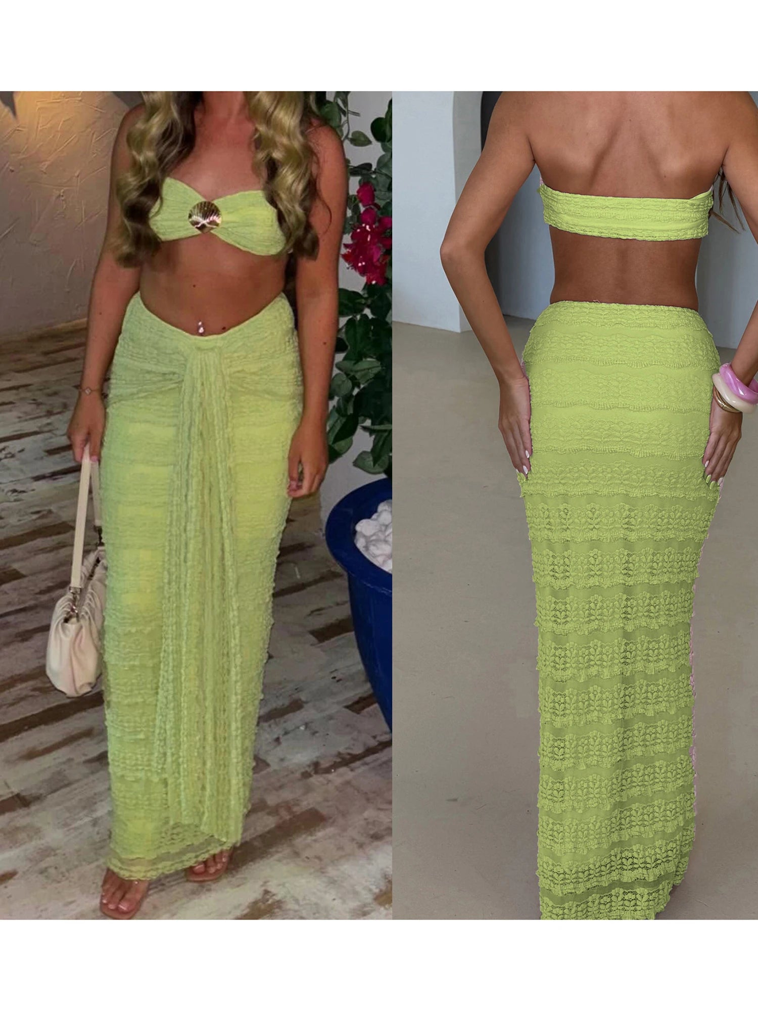 Shell Print Bandeau & Tie-Front Skirt Set