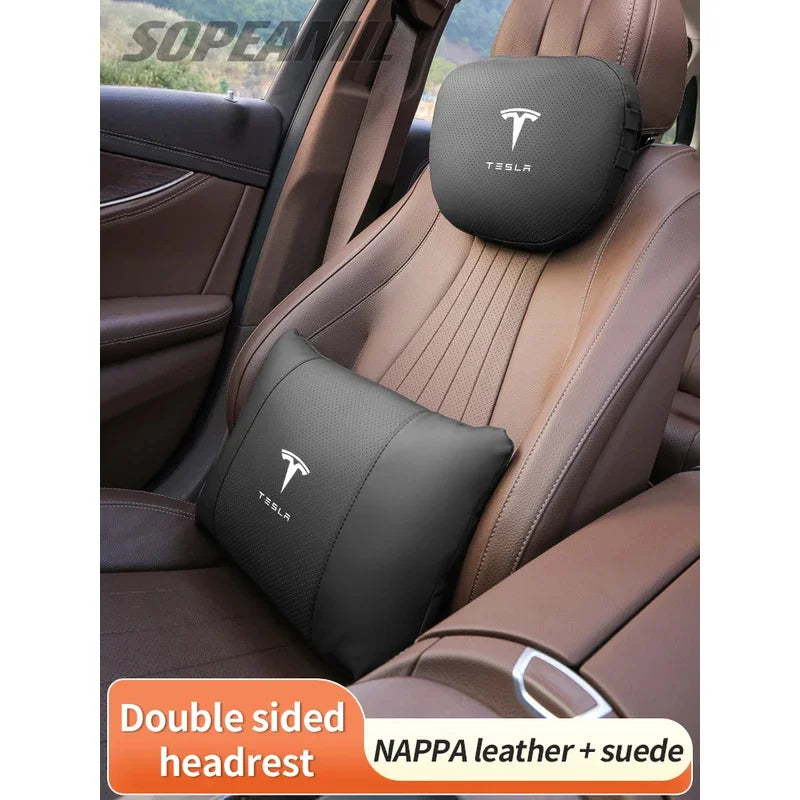 Car Double-Sided Suede Leather Headrest Neck Support Pillow Seat Waist Cushion Tesla Cybertruck Model 3 Model Y Model S Model X