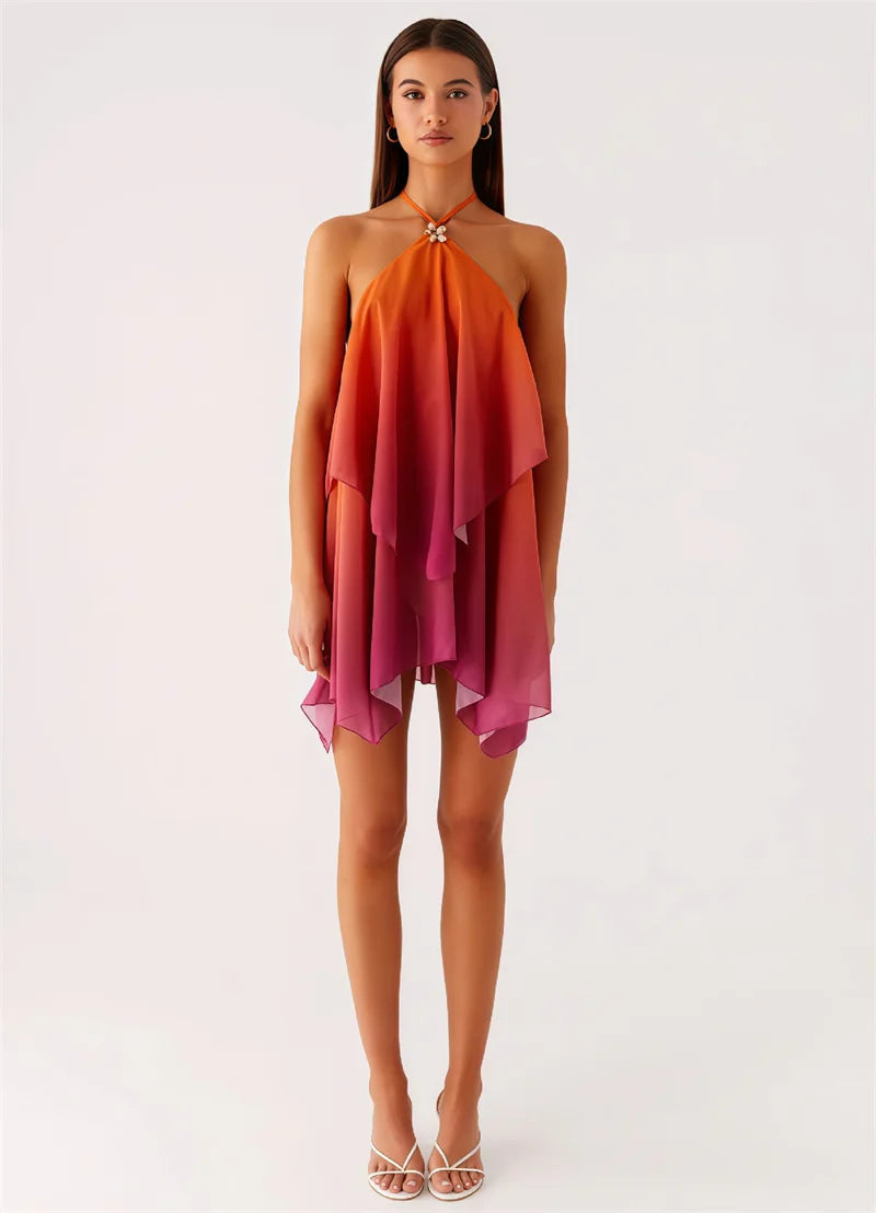 Women's Gradient Halter Backless Mini Dress – Elegant Mesh Off-Shoulder Party Gown