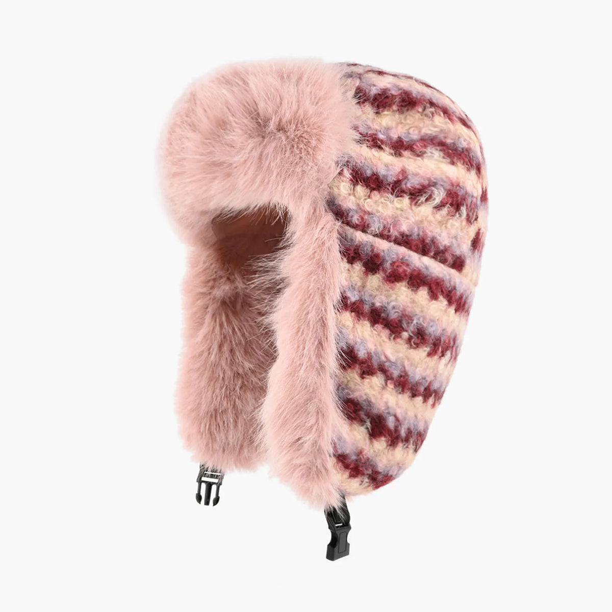 Winter Striped Knit Faux Fur Trapper Hat Women Thermal Fluffy Ushanka Earflap Cap Vintage Skiing Bomber Trooper Bonnet Pattern