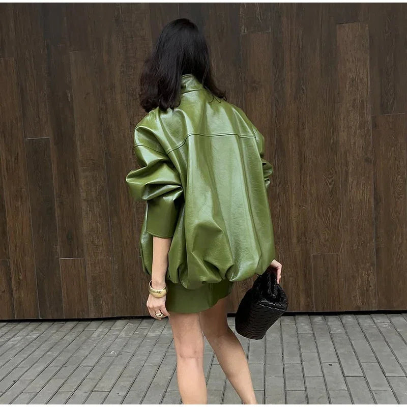 Vintage Green Leather Skirt Sets Women Fashion Solid Strapless Short Skirts Zipper Jacket Outfits Lady Daily Highstreet Outfits