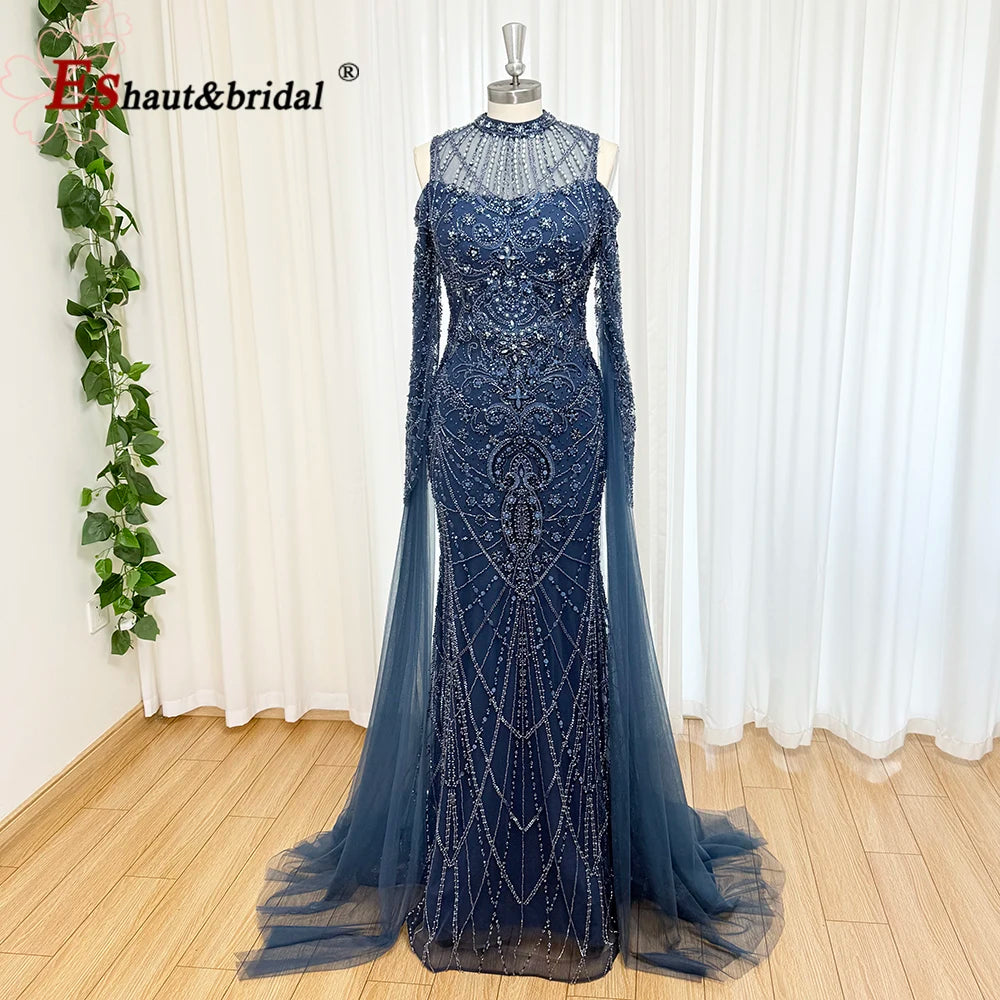 Luxury Beaded Mermaid Evening Gown | Cape Sleeve