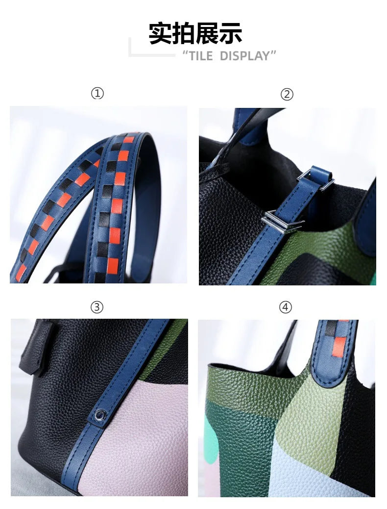 Purses and Handbags Bags for Women Painting Vegetable Basket Handbag Adjustable Shoulder Strap Genuine Leather Bucket Bag