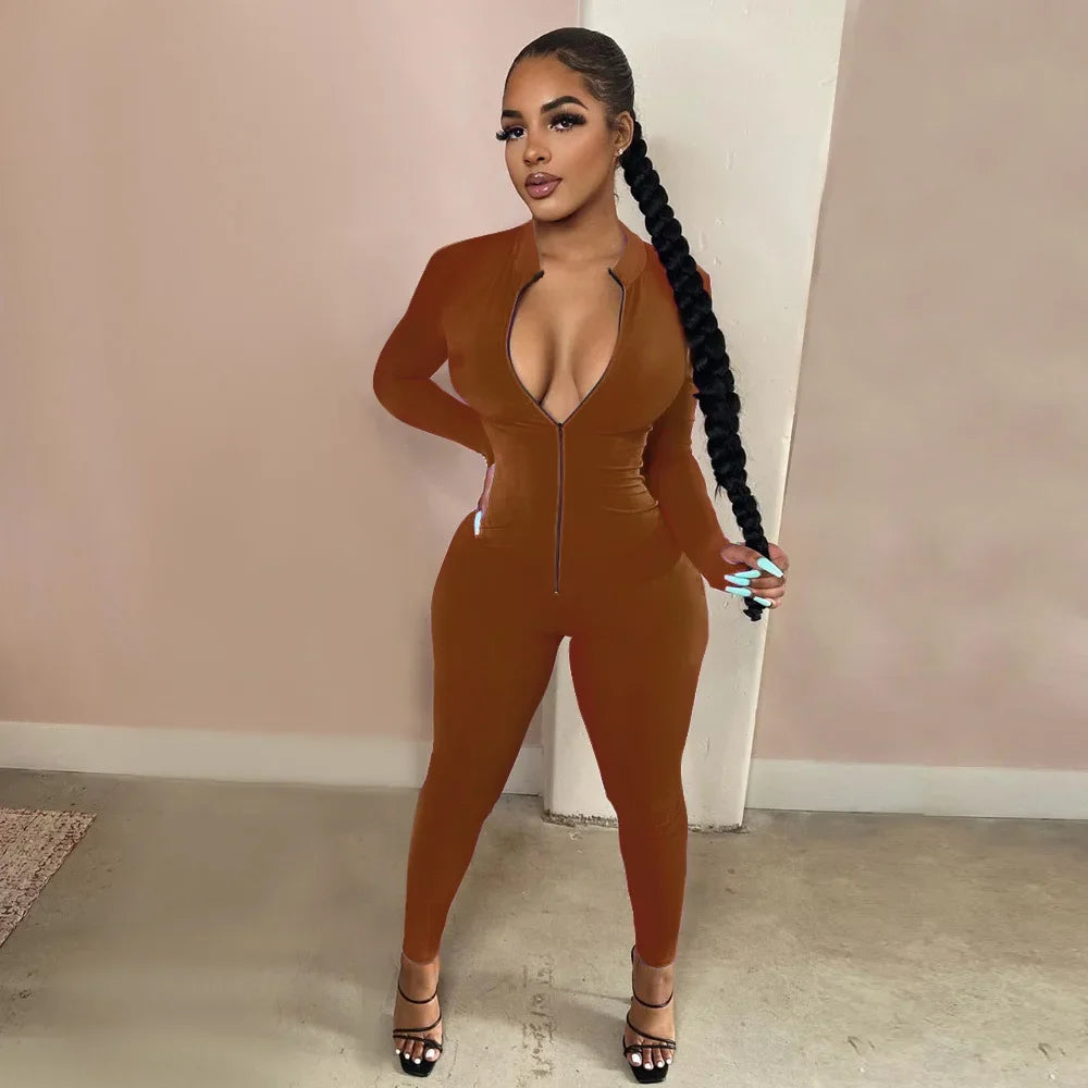 Sleek Deep-V Zip-Front Bodycon Romper – Athletic Fitness Jumpsuit