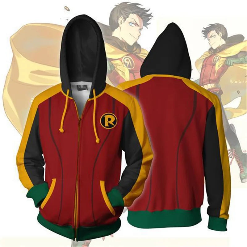 Superhero Nightwing Robin Cosplay Hoodie Costume Sweatshirt Halloween Zipper Outerwear Casual Hoodies Cosplay Costume Jackets