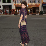 Print Chiffon Long Dress Women V Neck Half Sleeves High Waist Ruffles Belts Split Robe Female 2026 Summer Chic Vacation Dresses