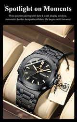 POEDAGAR Square Luxury Men Clock Waterproof Luminous Date Week Quartz Man Wristwatch Stainless Steel Fashion Men's Watches Reloj