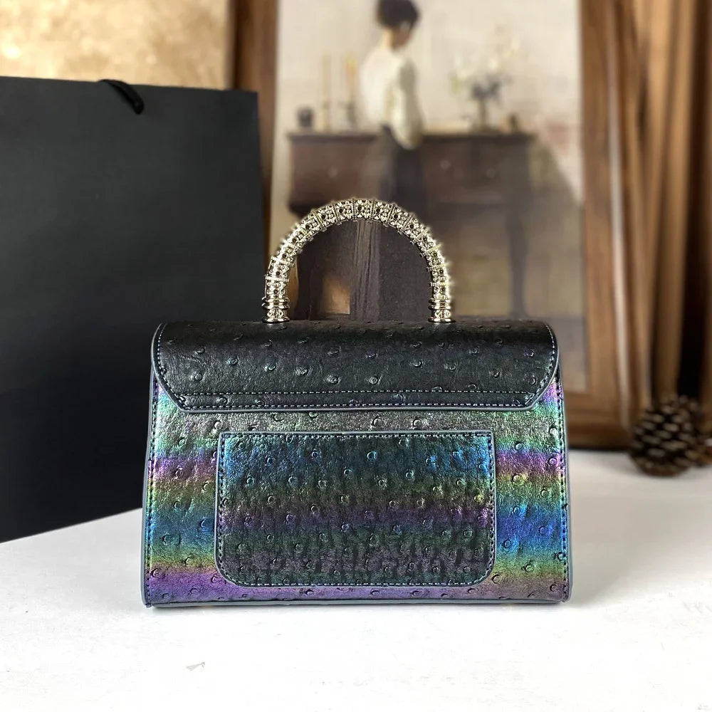 Advanced Ostrich Pattern Diamond Inlaid Women's Handbag New Fashionable High-End Shoulder Crossbody Bag