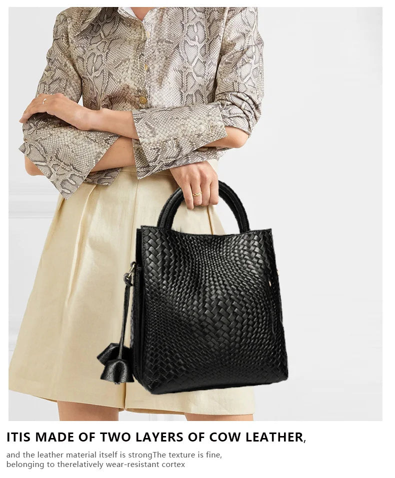 Fashionable and luxurious woven pattern casual versatile black woven pattern daily commuting cowhide women's handbag