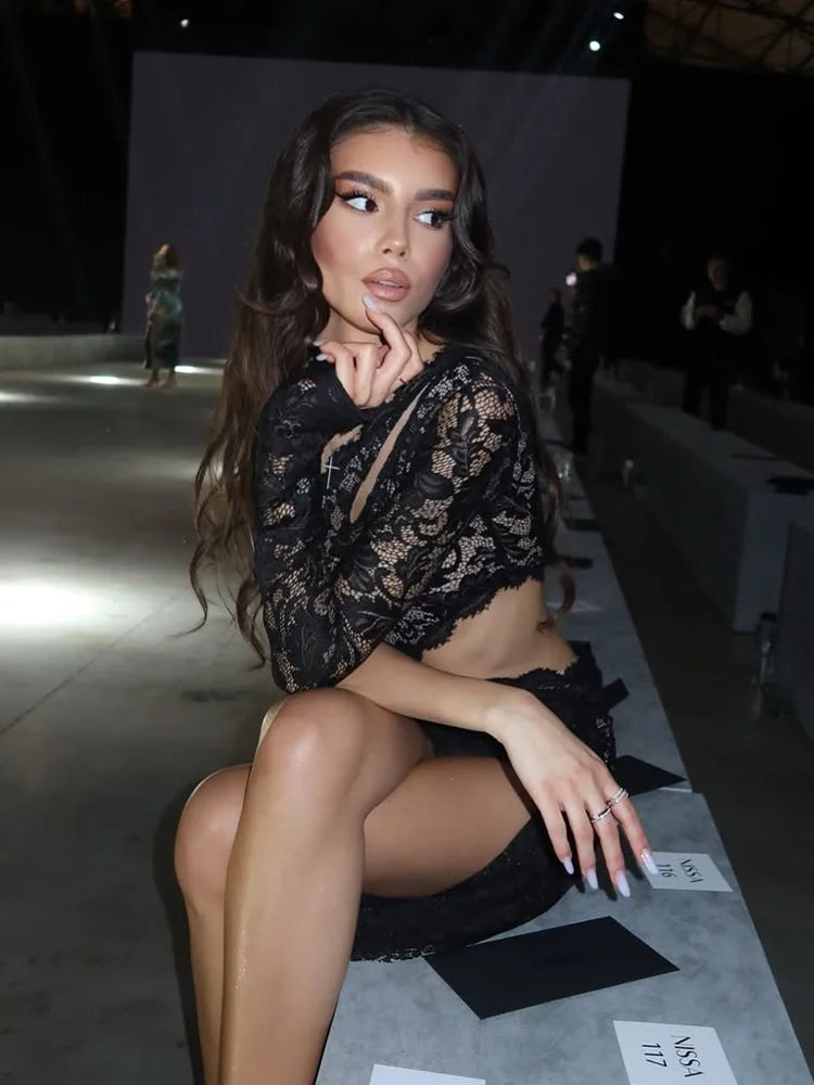 Elegant Lace One-Shoulder Mini Dress | Sheer Long Sleeve Streetwear