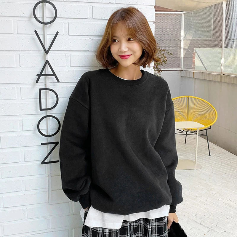 Winter Womens Solid Sweatshirts Casual Comfortable Warm Hoodies Loose Crewneck Fleece Pullover Tops Autumn Womans Streetwear